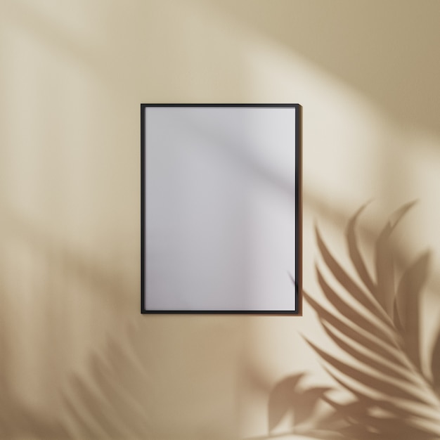 Leeg posterframe mock-up op aardetoon bruine muur met palmbladschaduw, 3d illustratie