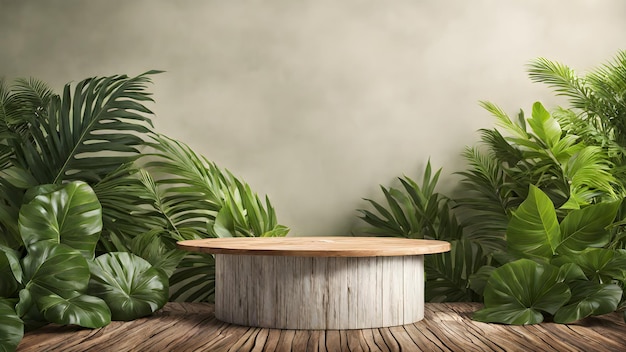 Leeg product podium houten staat een weelderig tropisch bos omringd door wit met kopie ruimte
