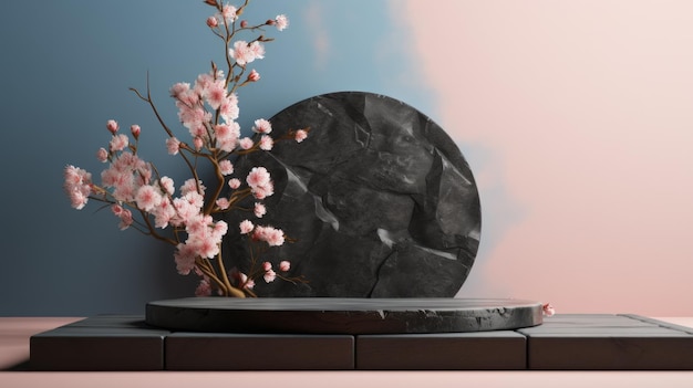 Foto leeg rock podium met sakura takken van bloeien tegen de natuur achtergrond gemaakt van natuurlijke