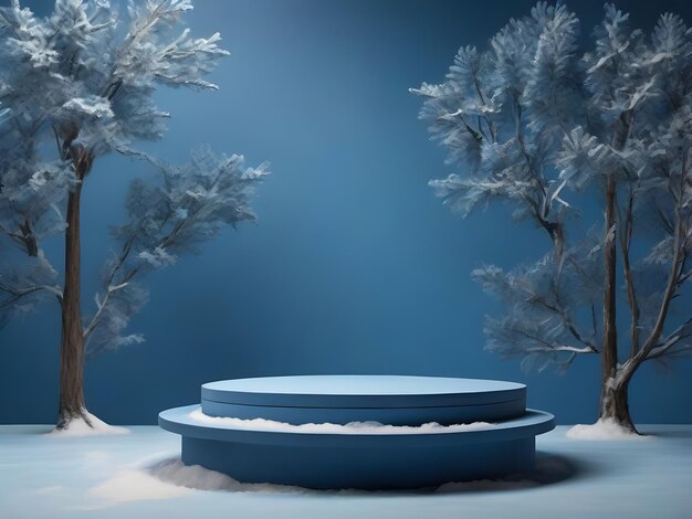 Leeg rond blauw podium in boom winter en blauwe achtergrond Hoogwaardige foto
