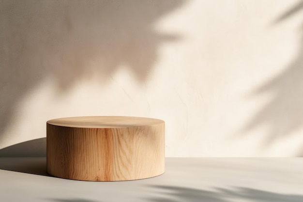 Leeg rond houten podium voor de weergave van producten op een minimalistische achtergrond met bladschaduw