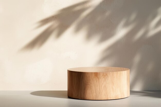 Leeg rond houten podium voor de weergave van producten op een minimalistische achtergrond met bladschaduw