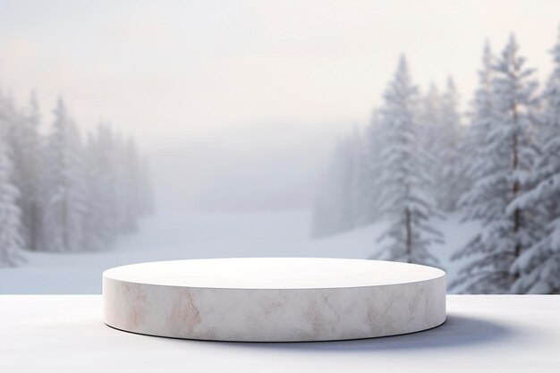 Leeg rond stenen podium op winterachtergrond met kopieerruimte voor productweergave