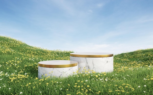 Leeg rond wit marmeren podium met gouden bovenkant op grasveld 3D-rendering afbeelding voor productweergave