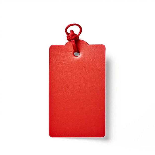 Foto leeg rood etiket of prijskaartje met een geïsoleerd koord op een witte achtergrond