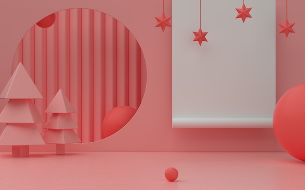 Leeg roze kerstthema productstadium met decoratie en rollende banner. minimalistische 3d illustratie