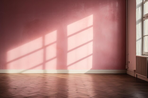 Leeg roze kleur muur met een licht van een groot raam