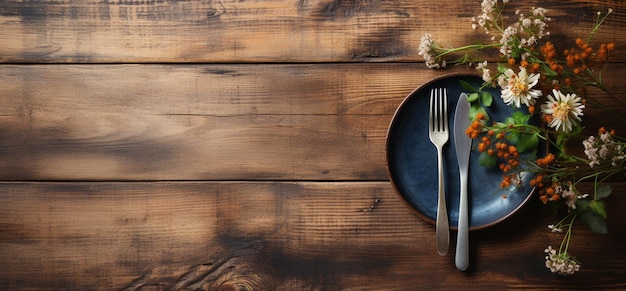 Leeg ruimte vork en mes op houten achtergrond Tafel set leeg op de houten tafel Zie hierboven