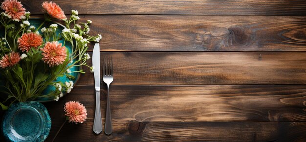 Leeg ruimte vork en mes op houten achtergrond Tafel set leeg op de houten tafel Zie hierboven