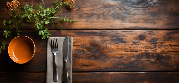 Leeg ruimte vork en mes op houten achtergrond Tafel set leeg op de houten tafel Zie hierboven