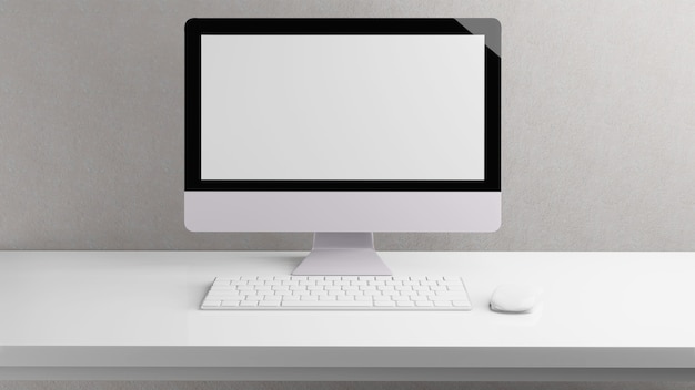 Leeg scherm desktopcomputer in minimale kantoorruimte met decoraties en kopie ruimte