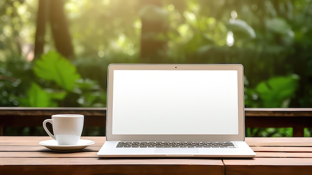 Leeg scherm laptop mockup met een kopje koffie op groene boomachtergrond