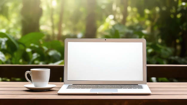 Leeg scherm laptop mockup met een kopje koffie op groene boomachtergrond