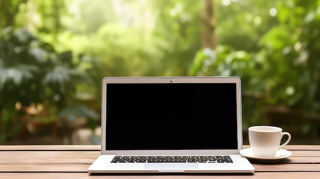 Leeg scherm laptop mockup met een kopje koffie op groene boomachtergrond