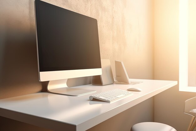 Foto leeg scherm moderne desktopcomputer op een witte tafel met zonnestralen