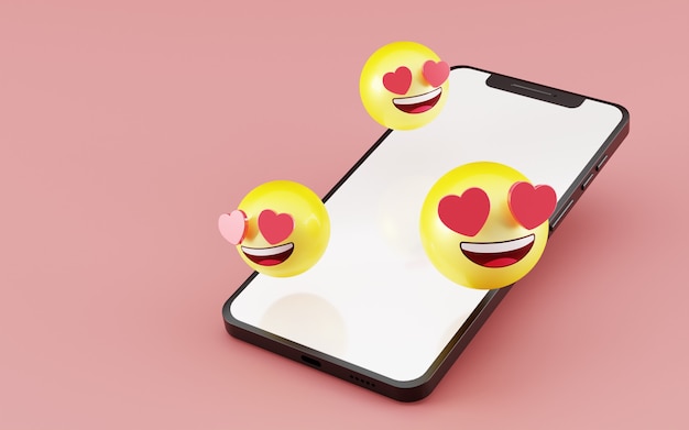 Leeg scherm smartphone met emoji sociale media pictogram 3d render