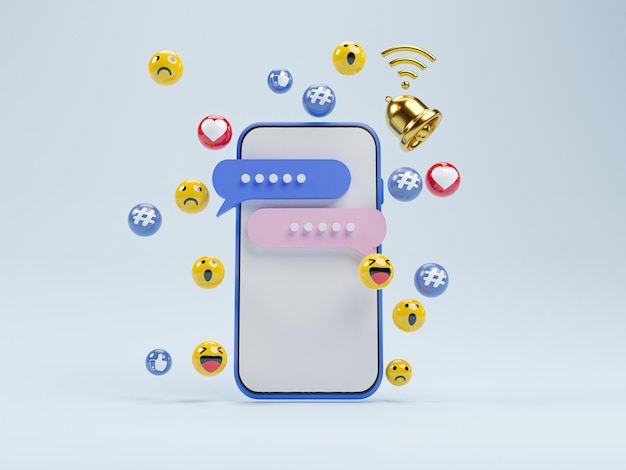 Leeg scherm van smartphone met tekstbericht zoals liefde en emotiepictogram voor social media marketingconcept door 3d render