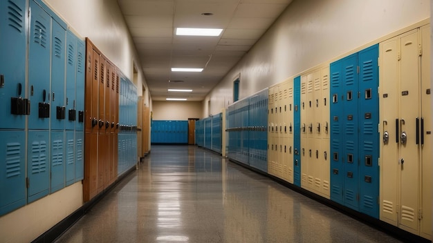 Leeg schoolcorridor met lockers.