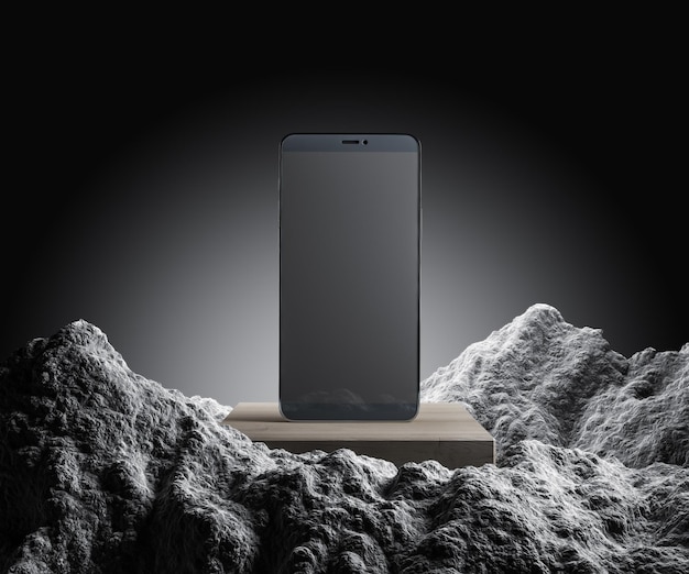 Leeg smartphone op creatief voetstuk met rotsberg op grijze achtergrond met mock-up plaats Presentatie concept 3D Rendering