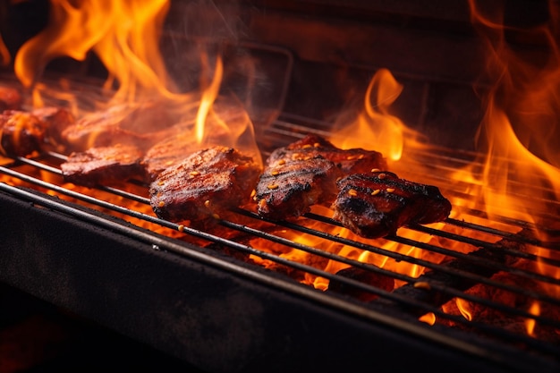 Leeg staal barbecue bbq grill rooster met brandend vuur en rook tegen zwarte achtergrond koken