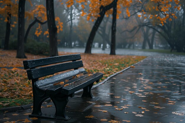 Leeg steegje met bank in het herfstpark in bewolkt weer onder regen