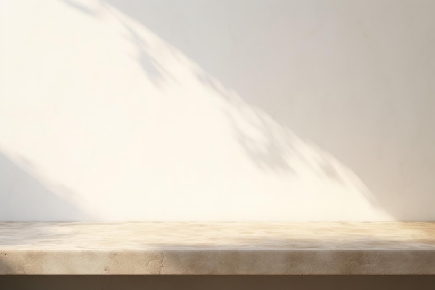 Leeg stenen tafel voor productpresentatie op een minimalistische achtergrond met zonneschaduw