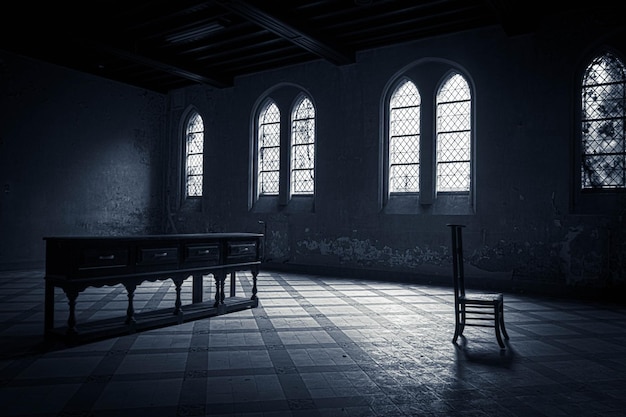 Leeg stoel en tafel in de kerk