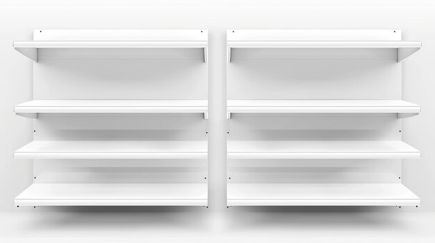 Leeg supermarkt plank mockup met product rekken Realistische 3D moderne illustratie set van boekenkast staan met verschillende gezichtshoeken Blank winkel promotie rekwisiet mockup