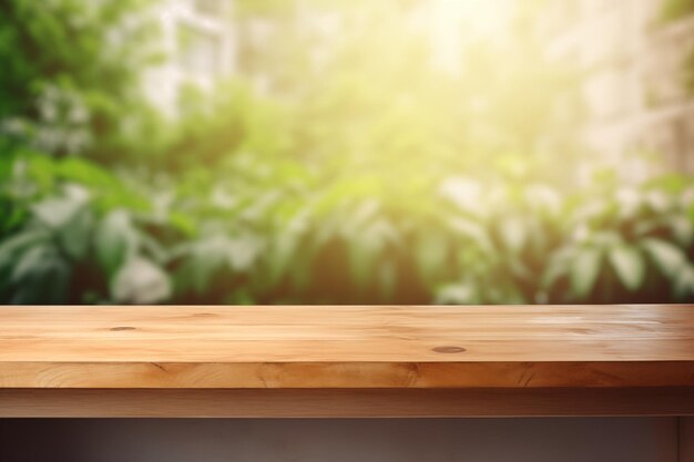 Leeg textureerde houten tafel met wazige achtergrond door Generative AI