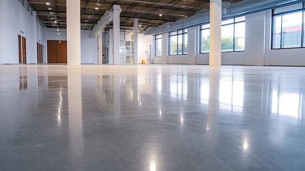 Foto leeg van moderne fabriek voor de vervaardiging productie fabriek of groot magazijn gepolijste betonnen vloer schone toestand en ruimte voor de industrie product generatieve ai