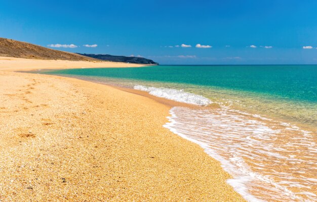 Leeg verlaten strand met schelpzand en kristalheldere zee