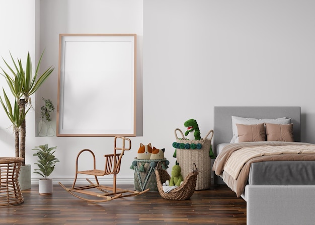 Leeg verticaal afbeeldingsframe op witte muur in moderne kinderkamer Mock-up interieur in Scandinavische boho-stijl Gratis kopieerruimte voor uw foto Bedspeelgoed Gezellige kamer voor kinderen 3D-rendering