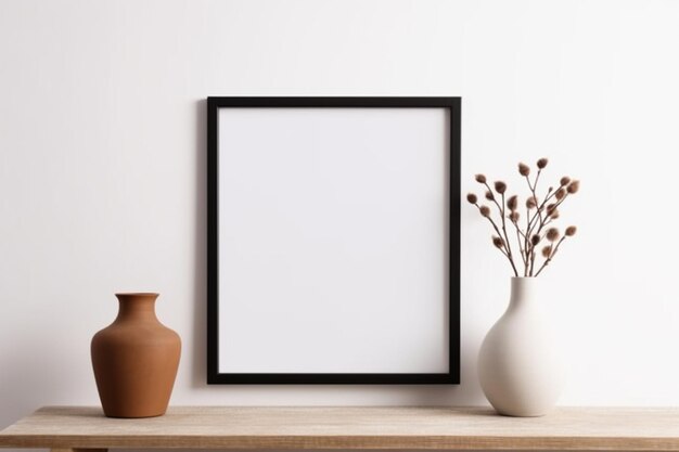 Leeg vierkant frame mockup in modern minimalistisch interieur met plant in trendy vaas op witte muur