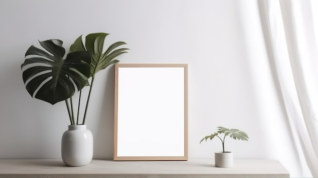 Leeg vierkant kadermodel in modern minimalistisch interieur met plant op witte muurachtergrond