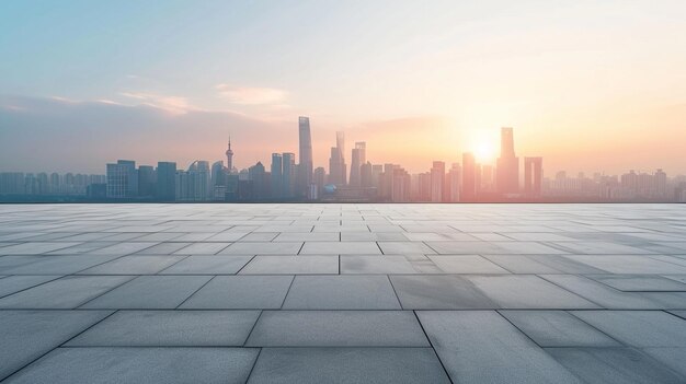 Leeg vierkante vloer en stadshorizon met gebouw achtergrond Generative Ai