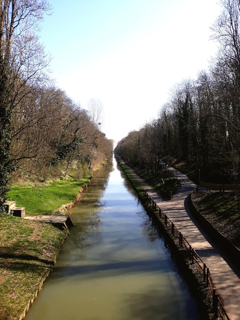 Foto leeg voetpad langs de rivier in het bos tegen de lucht