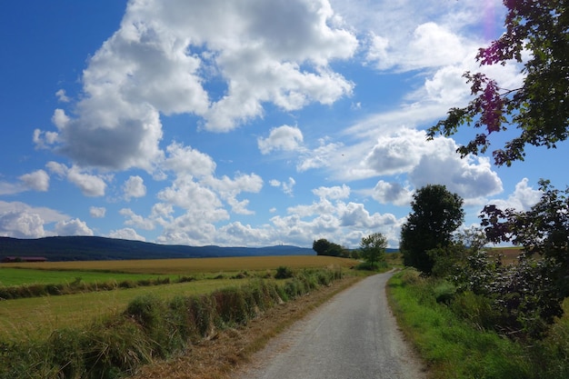 Leeg weg door het veld tegen bewolkte lucht