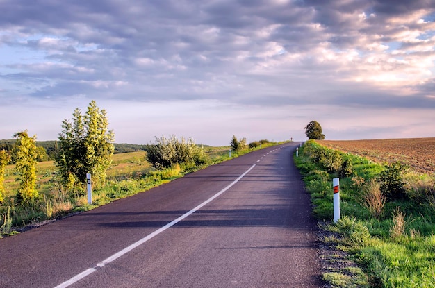 Leeg weg midden in het veld tegen bewolkte lucht