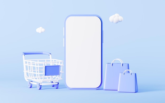 Leeg winkelwagentje en mobiele telefoon op de blauwe achtergrond winkelen online concept 3D-rendering