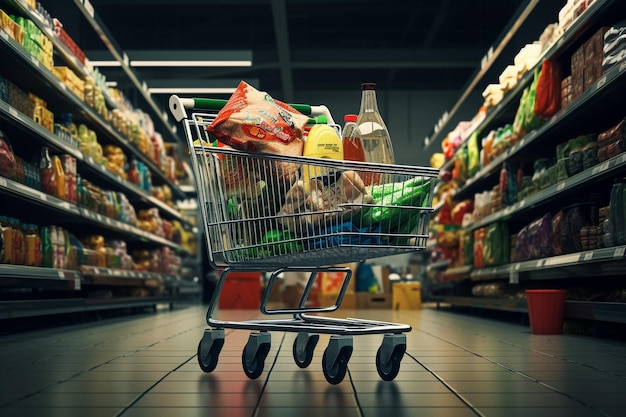 Leeg winkelwagentje op de achtergrond van een supermarkt