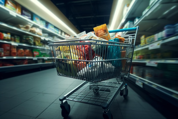 Leeg winkelwagentje op de achtergrond van een supermarkt