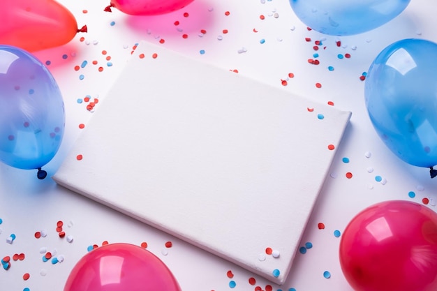 Leeg wit canvas frame voor mockup-ontwerp met kleurrijke ballonnen en confetti