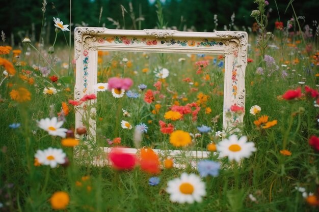 Leeg wit frame liggend op een bloemenweide