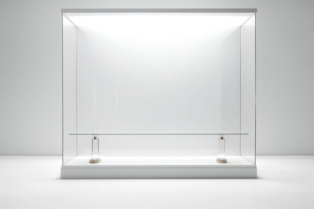 Leeg wit glas tentoonstellingsstand voor de tentoonstelling van producten en diensten op een witte achtergrond