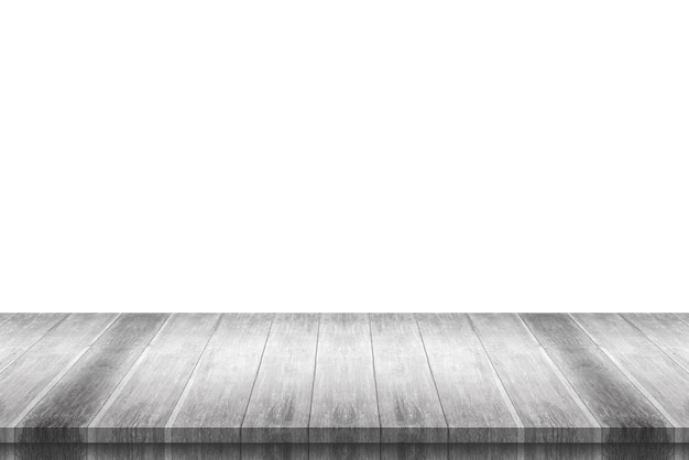 Leeg wit houten tafelblad geïsoleerd op witte achtergrond