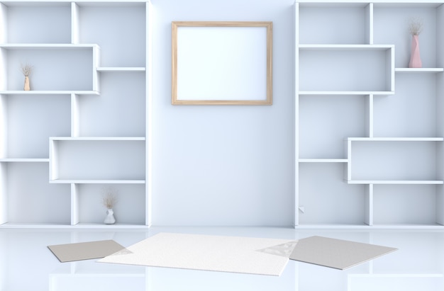 Leeg wit ruimtedek met plankenmuur, tegelvloer, tapijt, tak in 3D teruggeeft.