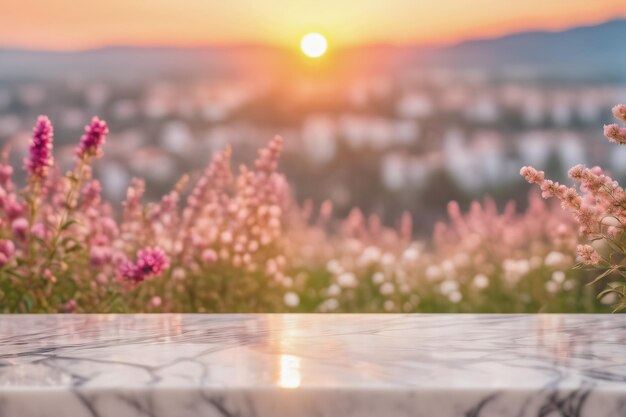Foto leeg witte marmeren tafel met bloemen en wazige bloemen bakgrond