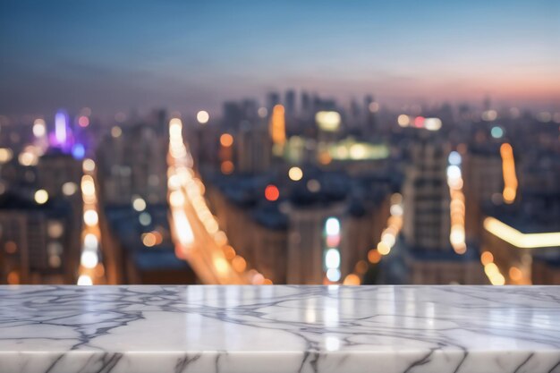 Foto leeg witte marmeren tafel met vervaagde stad wolkenkrabber landschap zicht landschap achtergrond's nachts