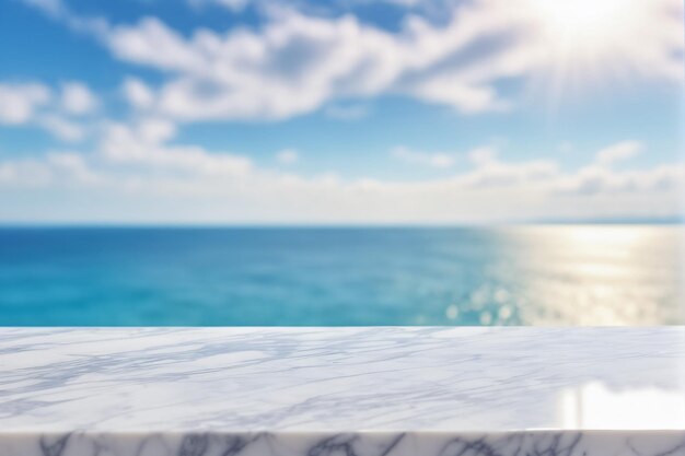 Foto leeg witte marmeren tafel met wazige blauwe zee oceaan achtergrond