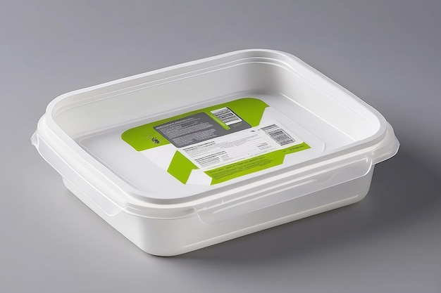 Foto leeg witte plastic voedselcontainer met etiket op grijze achtergrond